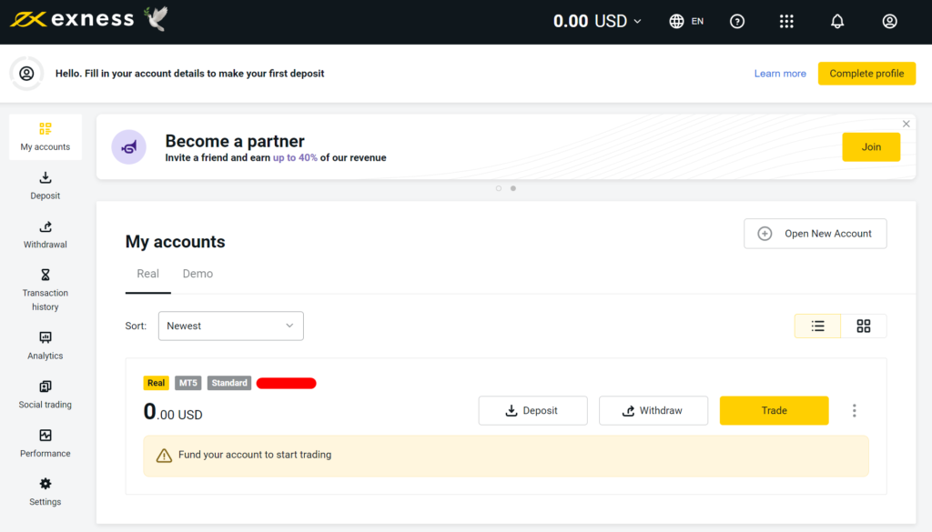 Exness Personal area dashboard